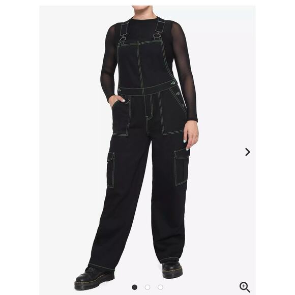 Hot topic Black With Green Stitching Denim Jeans Bib Overalls Women’s Large - Picture 1 of 13